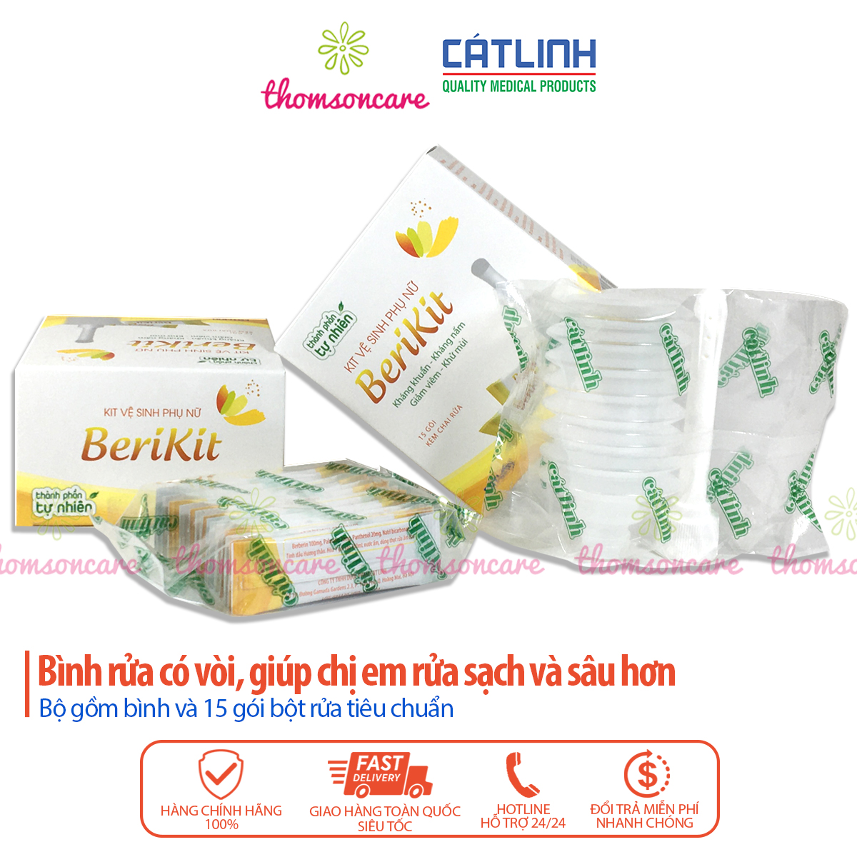 Bộ thụt rửa vệ sinh phụ nữ Berikit kèm 15 gói muối - Dung dịch rửa sâu, chống nấm, khử mùi - Của dược Cát Linh