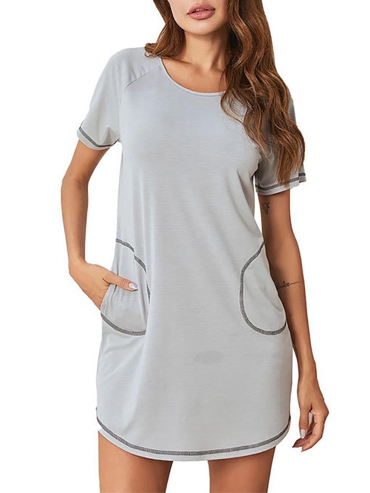 Women Sleep Dress with Side Pockets Casual Loose Short Sleeve O-Neck Pajamas Nightgown Sleepwear