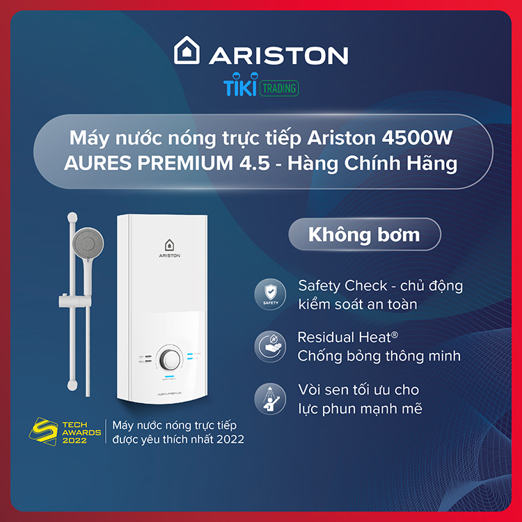 Máy nước nóng trực tiếp Ariston 4500W AURES PREMIUM 4.5 - Hàng Chính Hãng