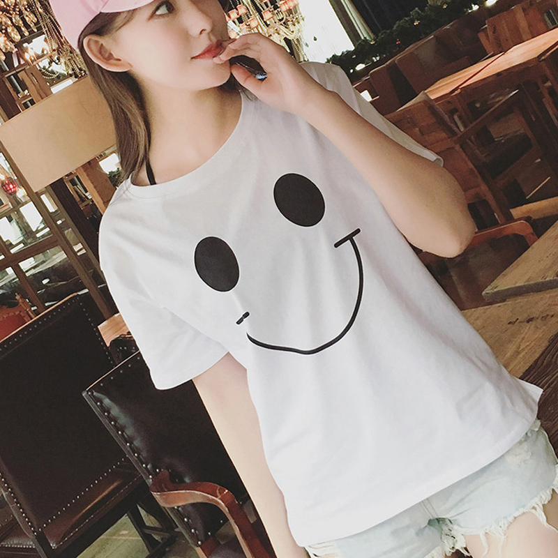 Áo Thun Nữ Tay Ngắn Màu Trắng In Miệng Cười