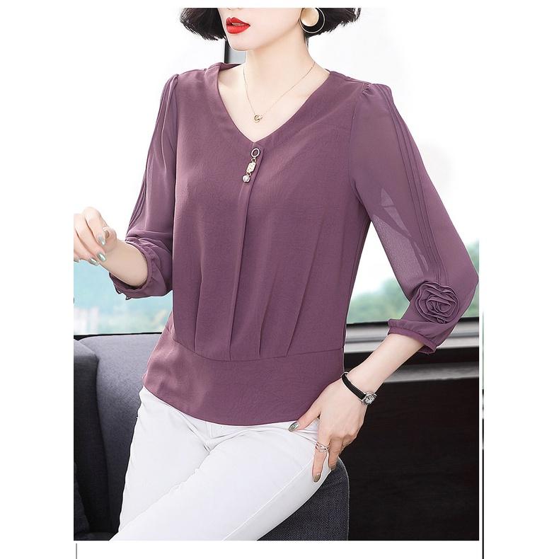 Áo sơ mi nữ trung niên, người già_ nút hoa tay
