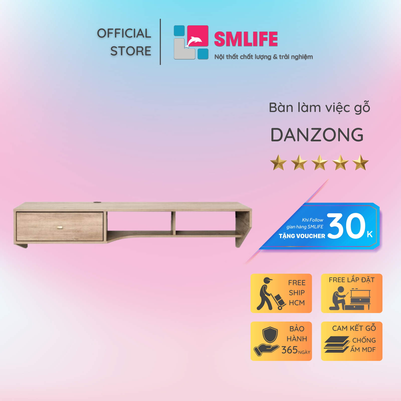 Bàn làm việc, bàn học gỗ hiện đại SMLIFE Danzong  | Gỗ MDF dày 17mm chống ẩm | D150xR40xC22cm