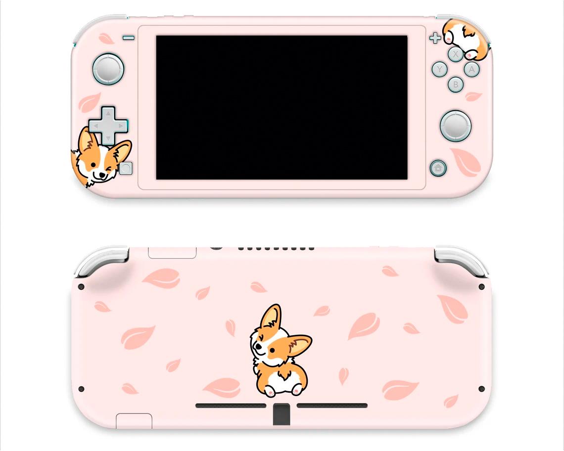 Skin decal dán Nintendo Switch Lite mẫu Corgi dễ thương so cute nền hồng