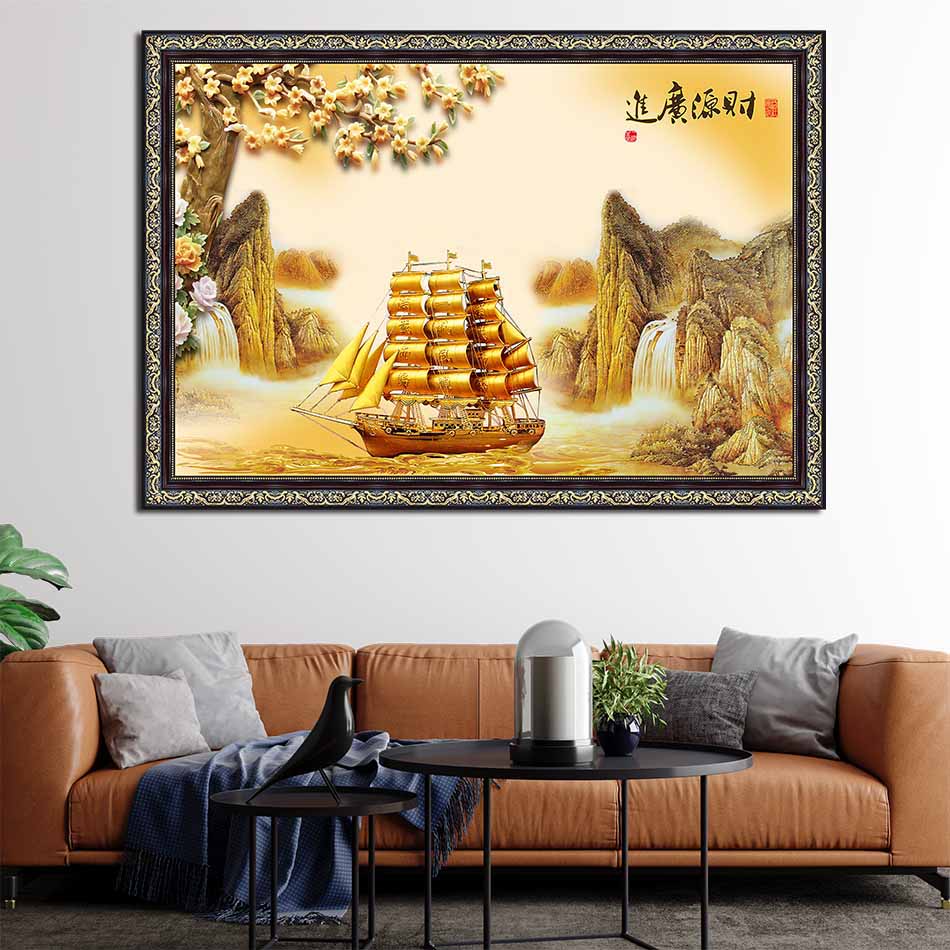 Tranh canvas phong thủy treo tường - Thuận buồm xuôi gió - TBXG005 - Khung hoa văn sang trọng - 120x80cm