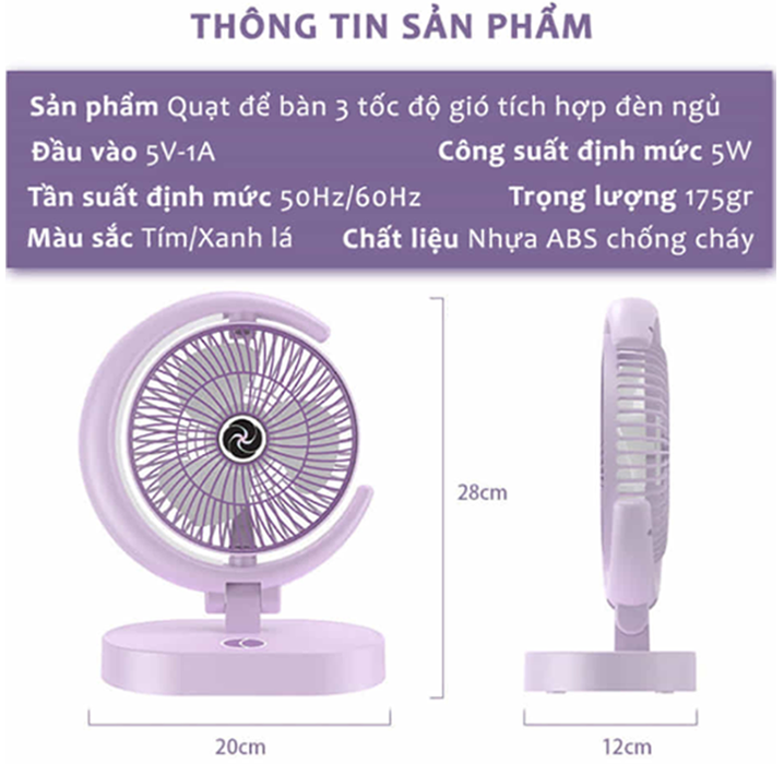 Quạt Để Bàn Tích Điện Mini 3 Cấp Độ Gió Teement, Tích Hợp Đèn Ngủ Động Cơ Không Tiếng Ồn Pin Pin 1200mah , Điều Chỉnh Lên Xuống 360°- Hàng Chính Hãng
