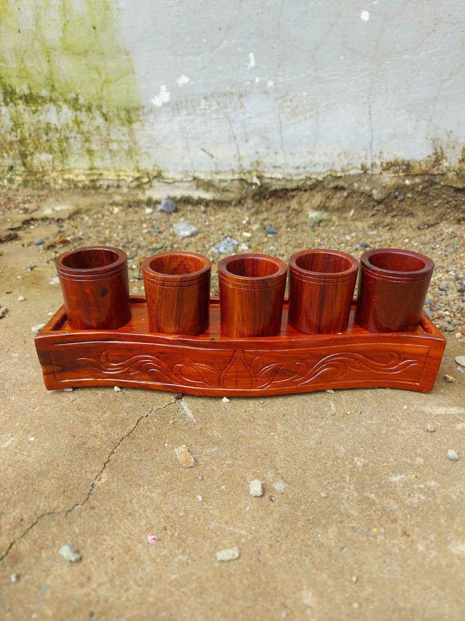 Bộ 5 ly nước thờ cúng gỗ hương mẫu mới đế chạm hoa sen cao cấp jY55