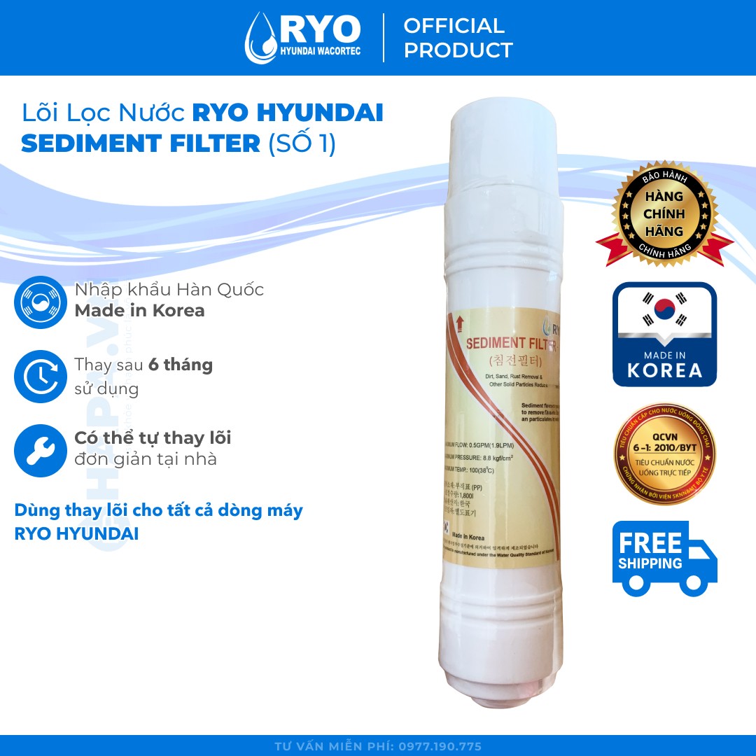 Lõi Lọc RYO SEDIMENT FILTER - RYO Hyundai Wacortec RP-01 Nhập Khẩu Hàn Quốc - Hàng Chính Hãng - (Dùng Thay Lõi Cho máy RP901 RP902 RP903 RP100H PGP1000 RP100S Sambon Wacortec - Sediment Pre-carbon Post-carbon TCR FTO UF RO Membrane...)