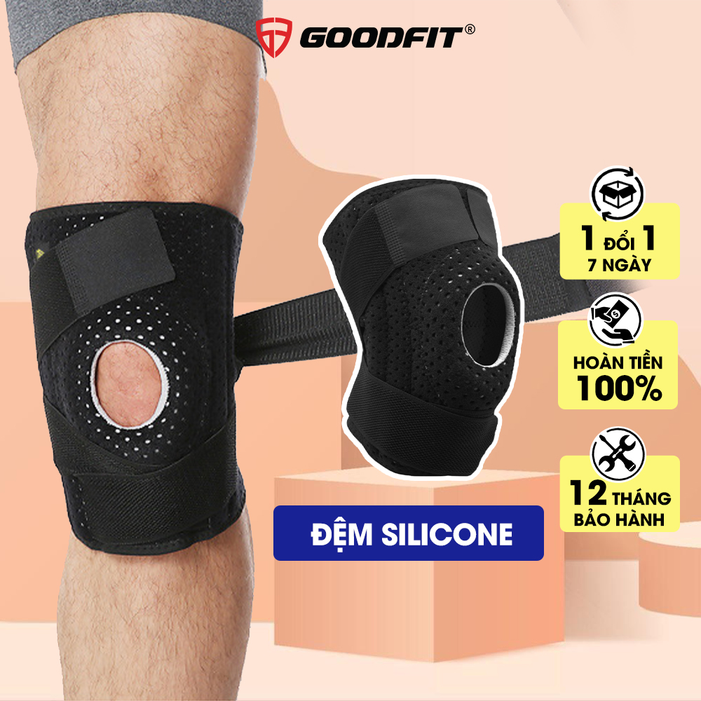 Bó gối thể thao, băng đầu gối tập gym GoodFit đệm silicone, thanh lò xo trợ lực GF512K