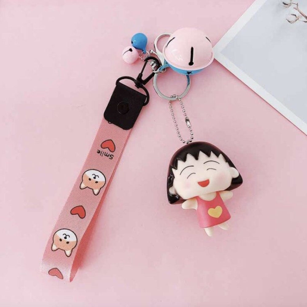 Móc khóa leng keng Maruko kute dây strap hồng - Smile trái tim