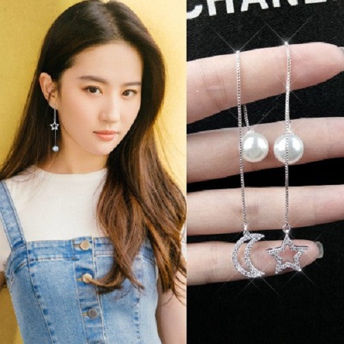 Bông Tai Bạc Ý S925 Hình Trăng Sao Sợi Dài Cao Cấp Sang Trọng