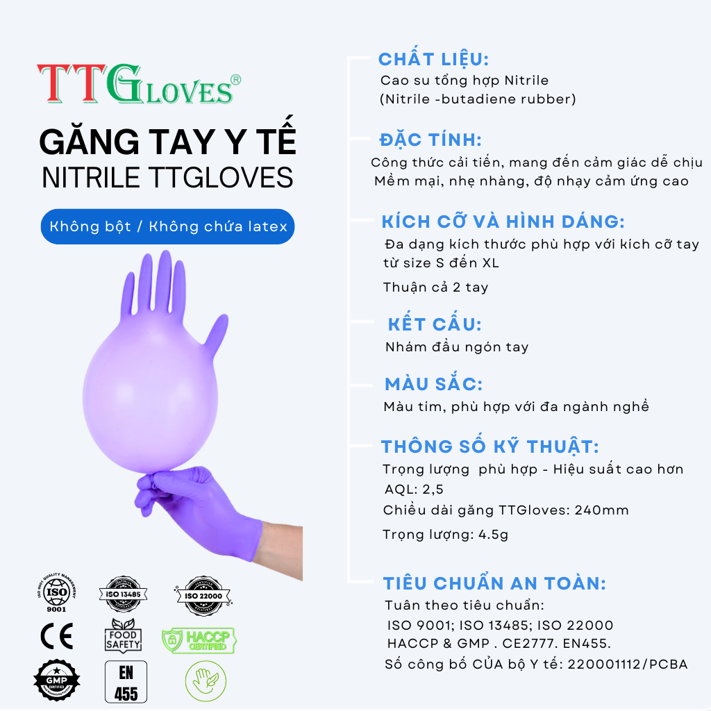 Găng Tay Y Tế Màu Tím Size L, Không Bột Nitrile TTGLOVES (100 Chiếc)