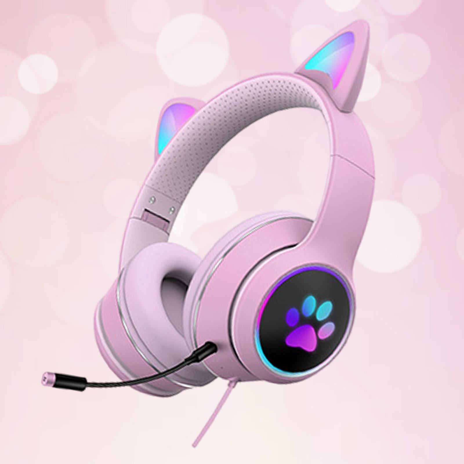 2 Pcs Cat Ear Wired Over-Head Headset RGB Light for PC Noise Reduction