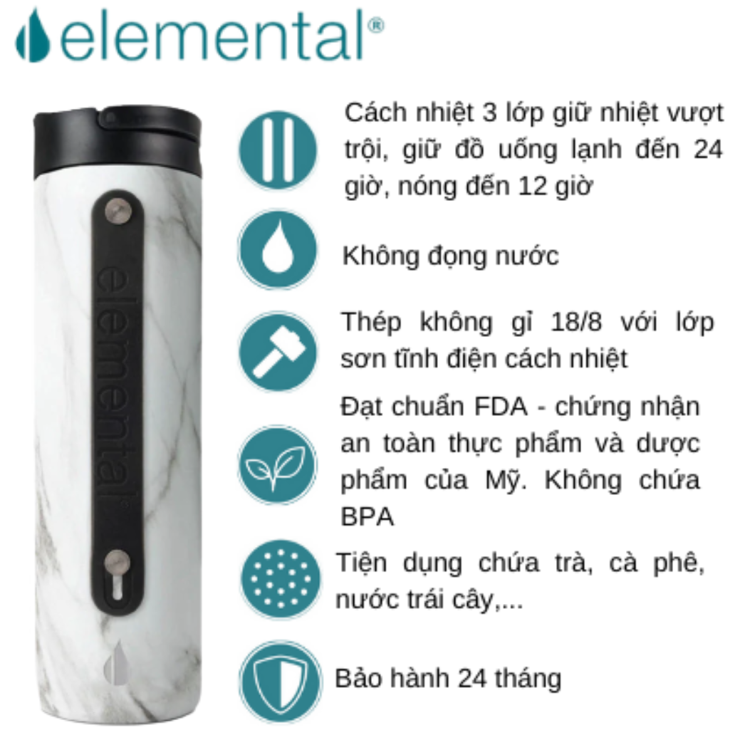 Bình giữ nhiệt Elemental Iconic sport màu vân đá 590ml, giữ nhiệt vượt trội, inox 304, FDA Hoa Kì, An toàn sức khỏe, có ống hút
