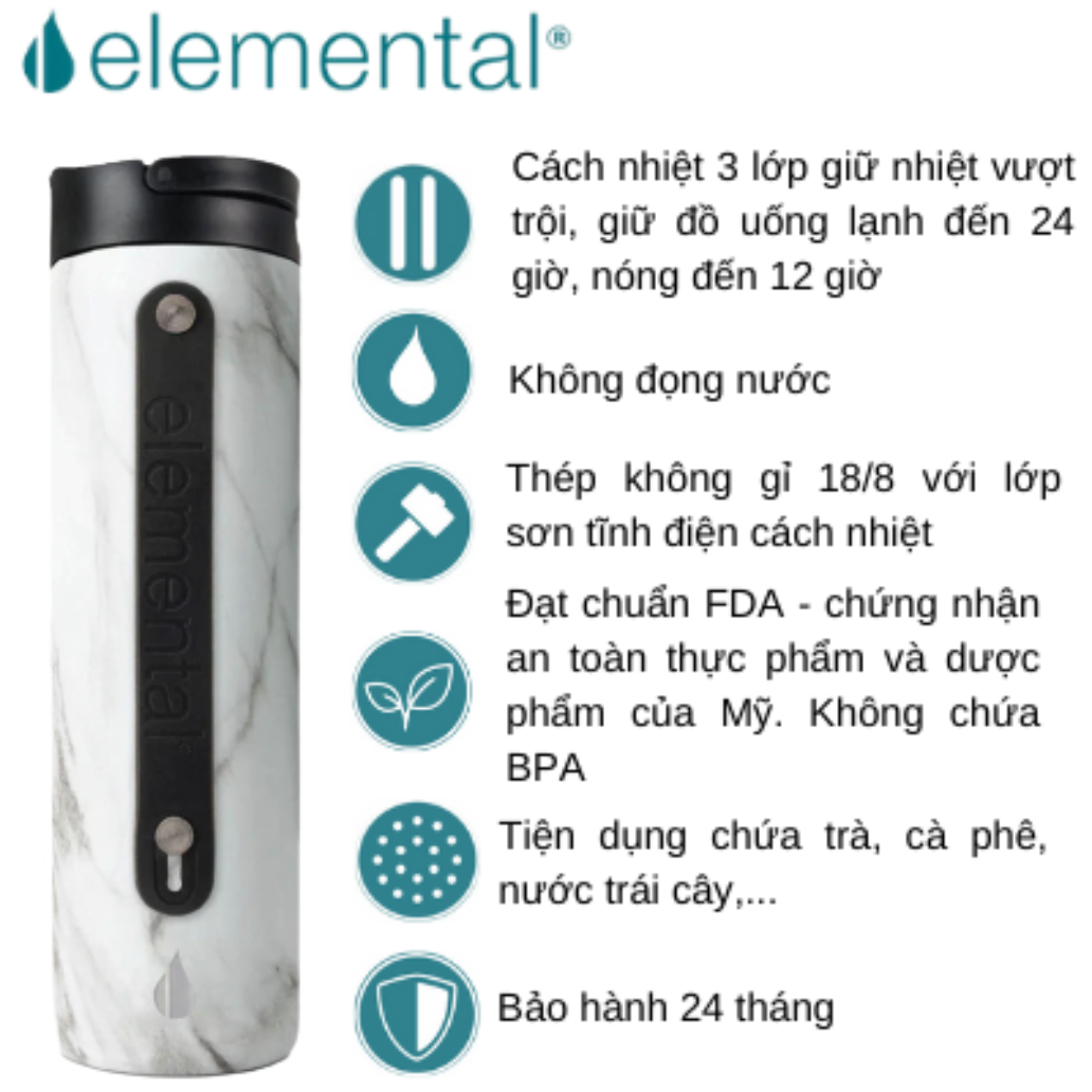 [Hàng chính hãng – Thương hiệu Mỹ] Bình giữ nhiệt Elemental Iconic sport màu vân đá 590ml, giữ nhiệt vượt trội, inox 304, FDA Hoa Kì, An toàn sức khỏe, có ống hút