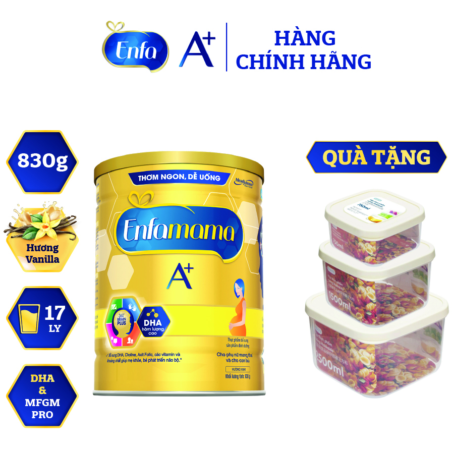 Bộ 2 Lon Sữa Bầu Enfamama 360° Brain Plus Cho Mẹ - Vị Vani - 830g - Tặng Bộ 3 hộp thực phẩm vuông Hokkaido 750-1500-2500ml (Giao màu ngẫu nhiên)