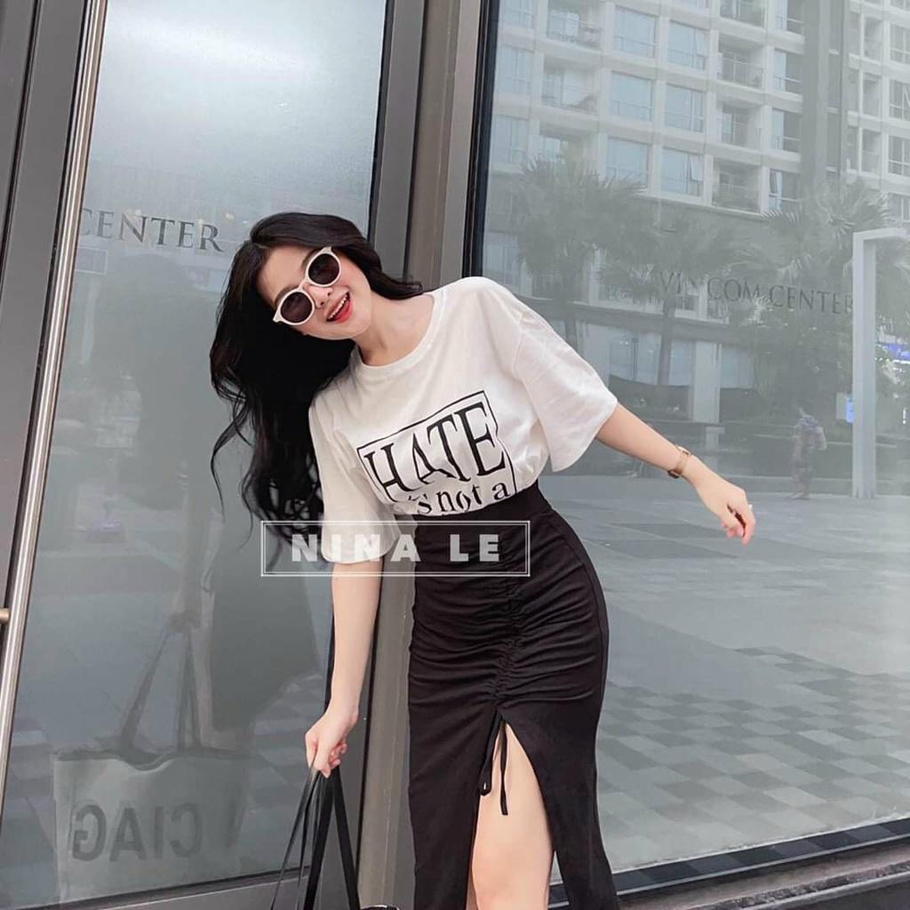 Set bộ áo thin HATE from rộng mix chân váy nhún hông cột nơ quyến rũ năng động