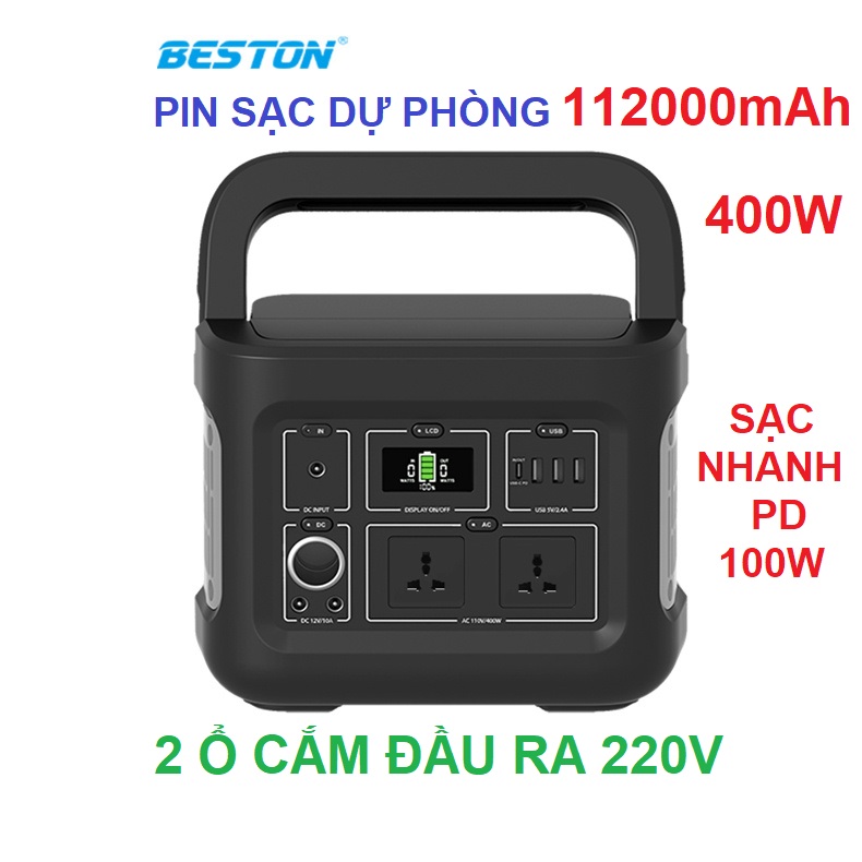 Pin sạc dự phòng cao cấp, trạm sạc lưu điện du lịch BESTON 220V công suất 400W Dung lượng 112000mAh hỗ trợ đi cắm trại, dùng quạt điện, máy chiếu, phòng khi mất điện - Hàng nhập khẩu