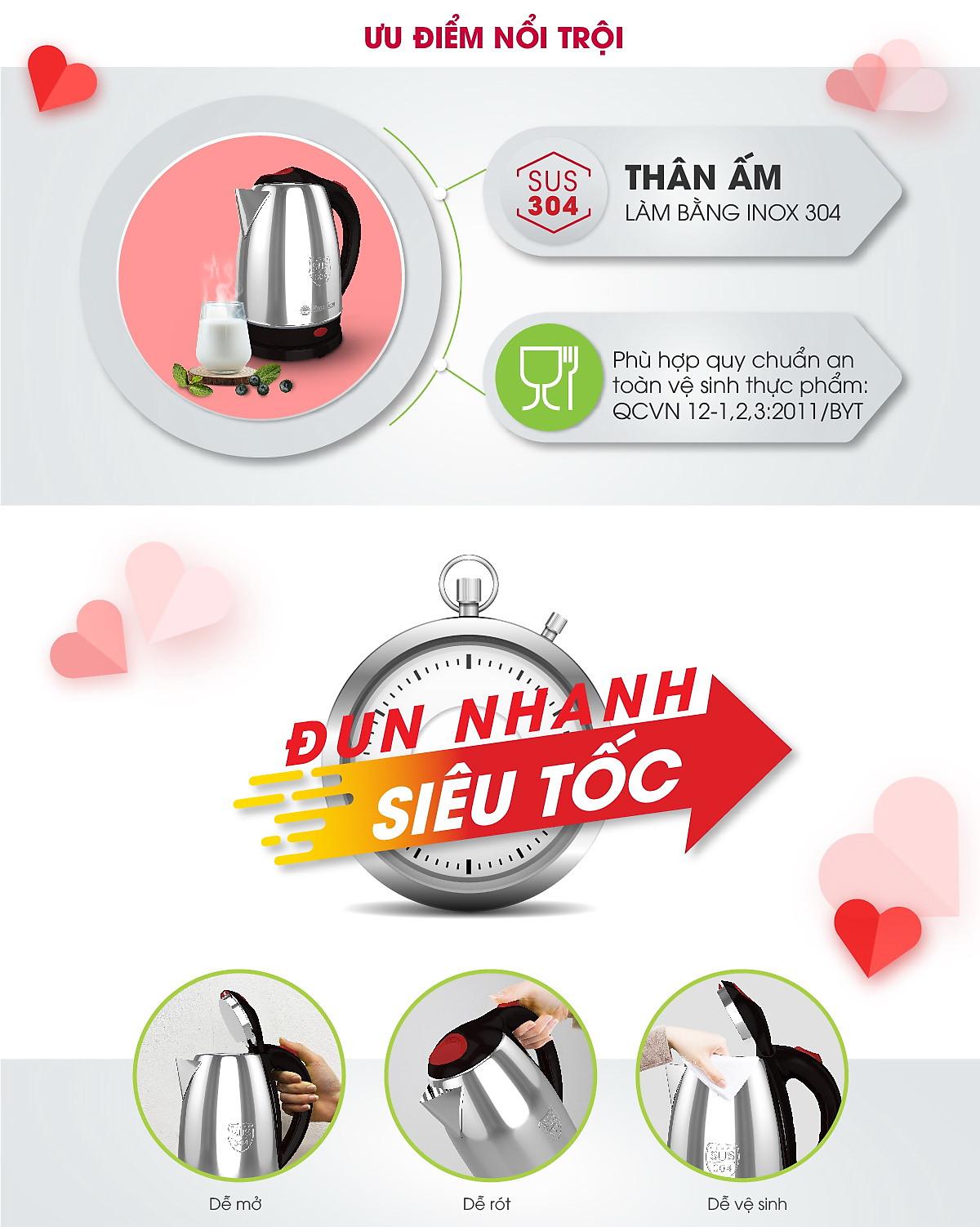 Ấm điện siêu tốc INOX 304 RẠNG ĐÔNG 1.8L RD-AST18ST2- Hàng chính hãng