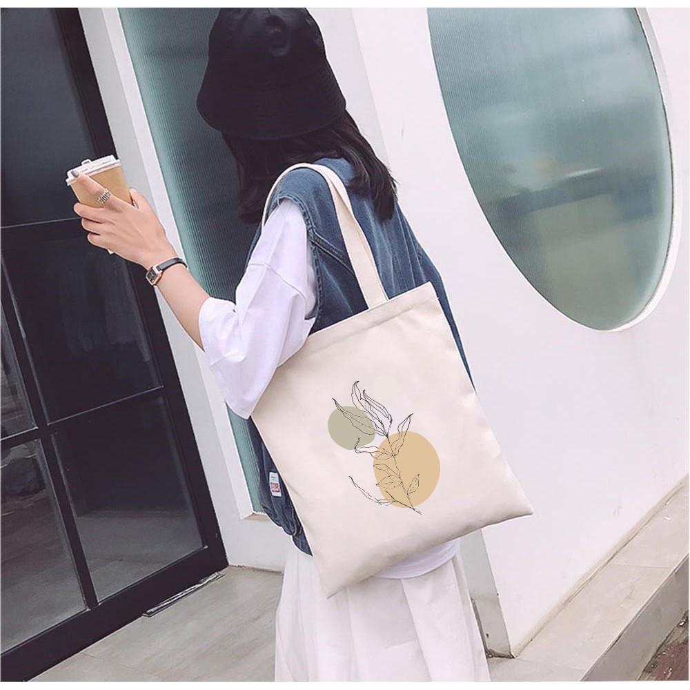 Túi Tote Vải Mộc Ginko kiểu basic có dây kéo khóa miệng túi đựng vừa laptop 14 inch và nhiều đồ dùng khác In Hình Minimalism Art M41
