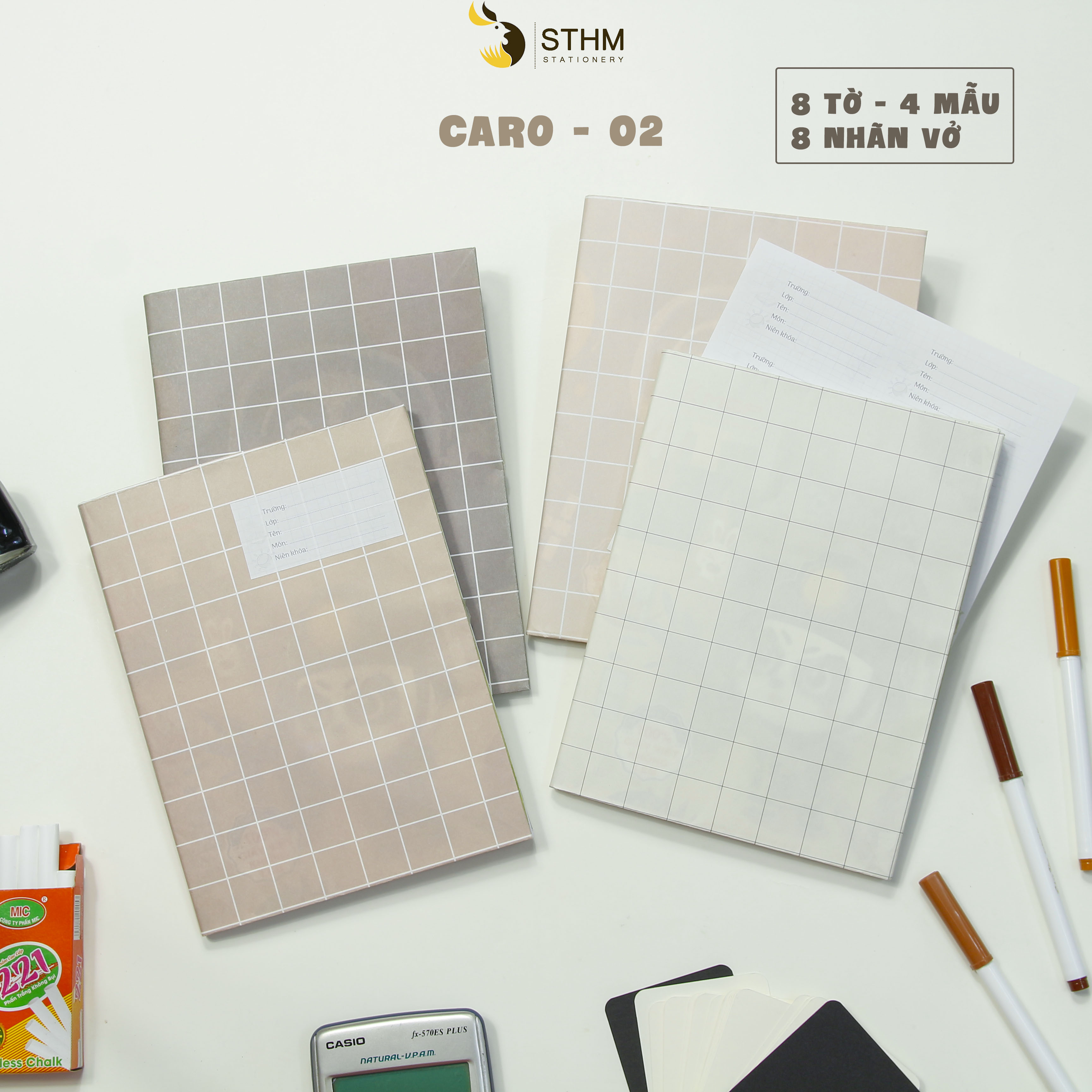 - Giấy bao tập A5 - Caro - Kraft trắng 100gsm - Tặng kèm nhãn vở