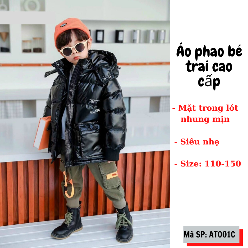 Áo khoác phao bé trai lót nhung cao cấp màu đen Mixi Kids AT001C