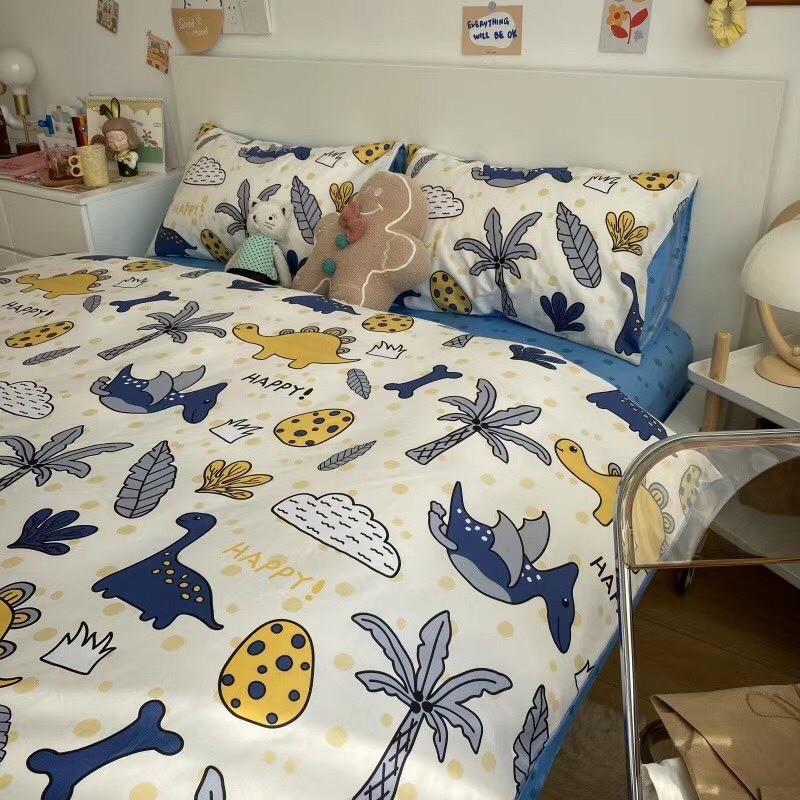 Bộ Chan Ga Gối Cotton Living 100%cotton Hàng Nhập Khẩu Cao Cấp Khủng Long Xanh