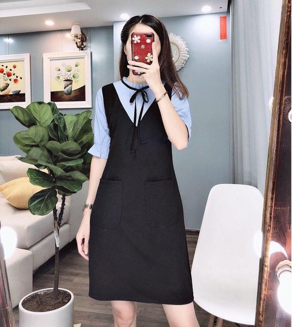Đầm liền suông phối màu thắt nơ cổ DVCC
