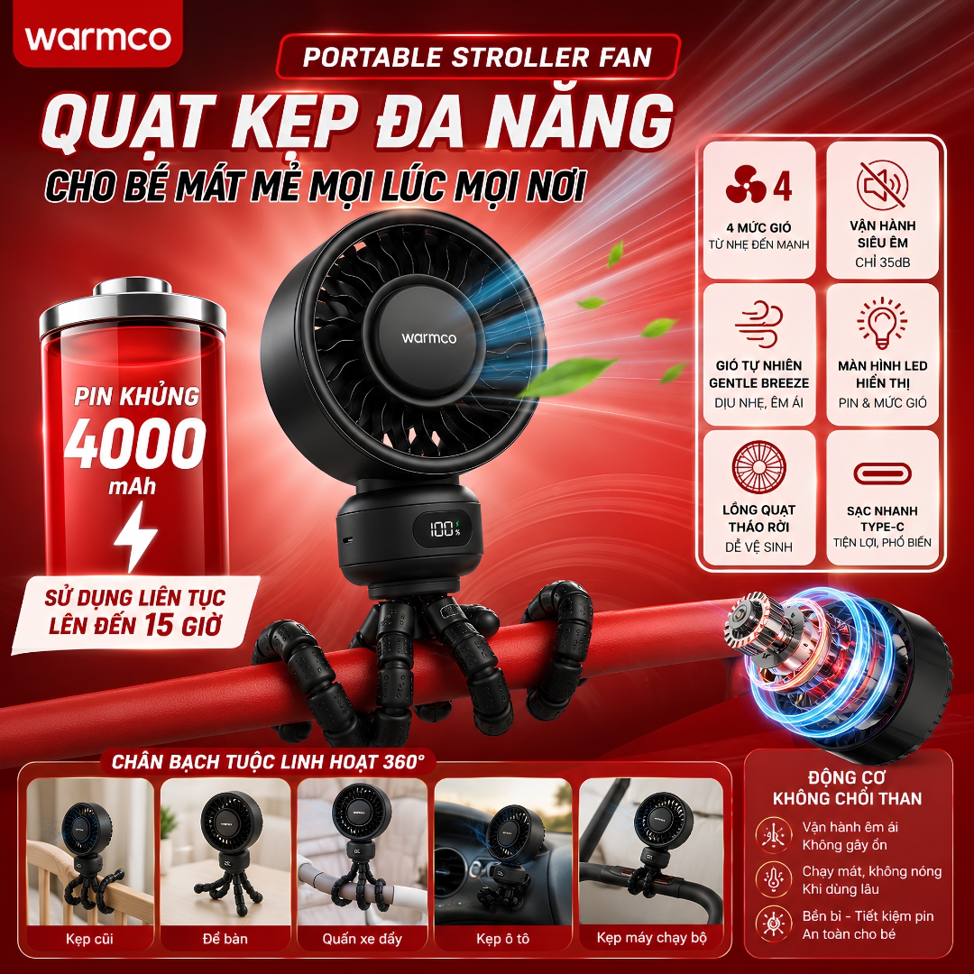 Quạt Kẹp Đa Năng Chân Bạch Tuộc Linh Hoạt WARMCO PORTABLE STROLLER FAN • Pin 4000mAh • Gió Gentle Breeze Dịu Nhẹ • 4 Cấp Độ Gió • LED Hiển Thị • Vận Hành 35dB • Lồng Quạt Tháo Rời - Hàng nhập khẩu