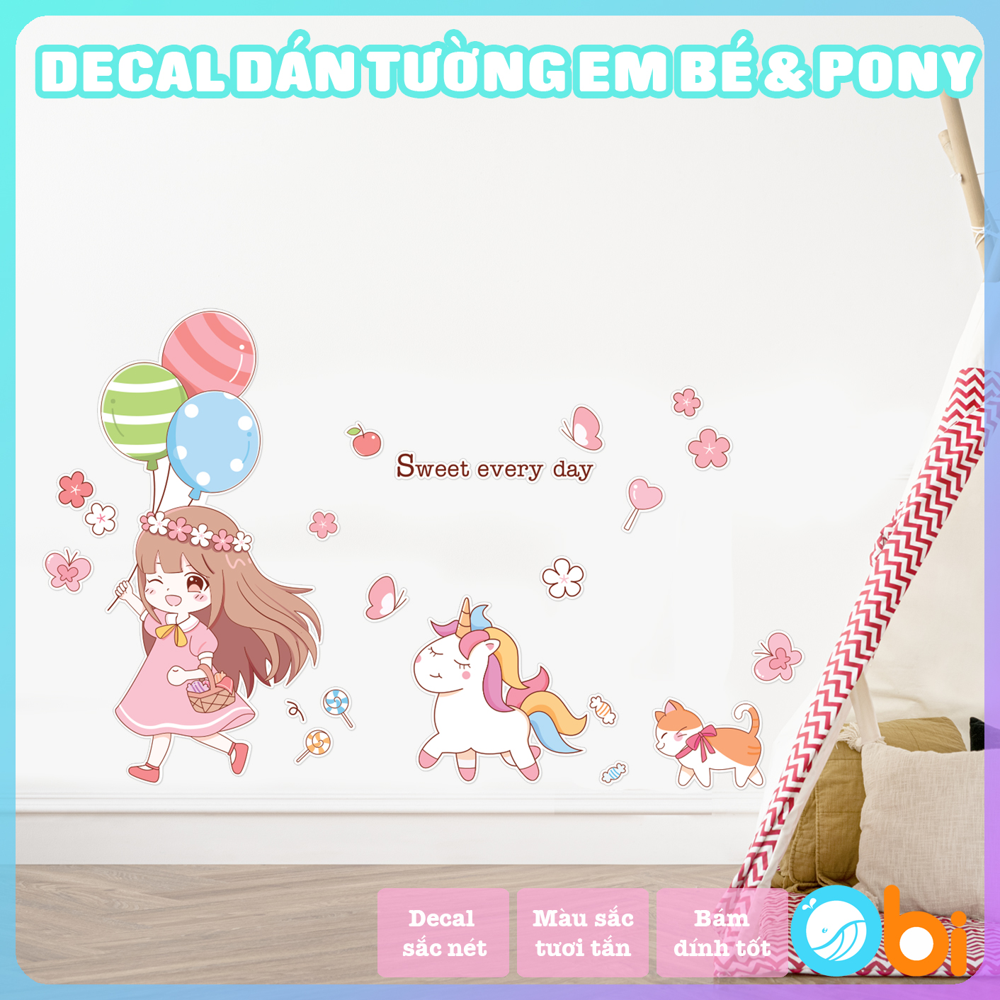 Decal dán tường cho bé - Decal Em bé và ngựa Pony