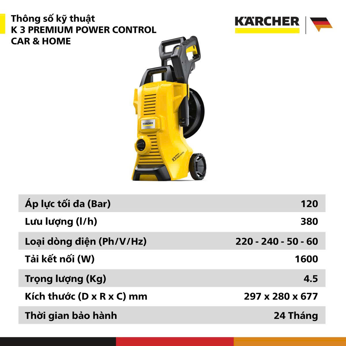 [Mới 2025] Máy phun rửa áp lực cao Karcher K 3 Premium Power Control - Công suất 1600W - Bảo hành 24 tháng - Hàng Chính Hãng