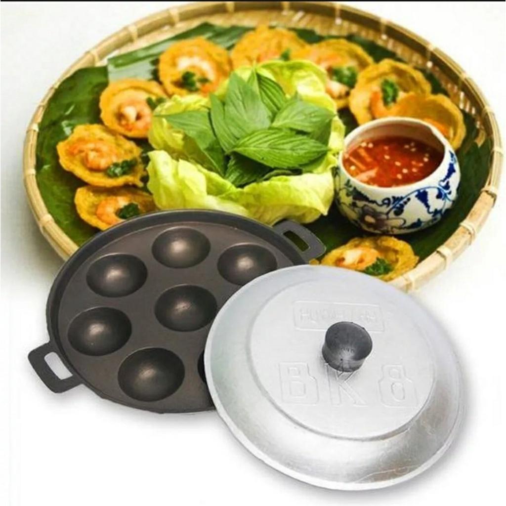 Khuôn Bánh Khọt 8 Lỗ Bằng Gang Chống Dính Loại Dày Cao Cấp Có Nắp Đậy