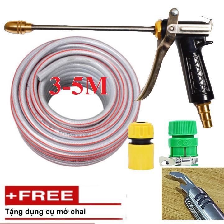 Bộ dây vòi xịt nước rửa xe, tưới cây . tăng áp 3 lần, loại 3m, 5m 206318 đầu đồng,cút,nối vàng+ tặng mở chai