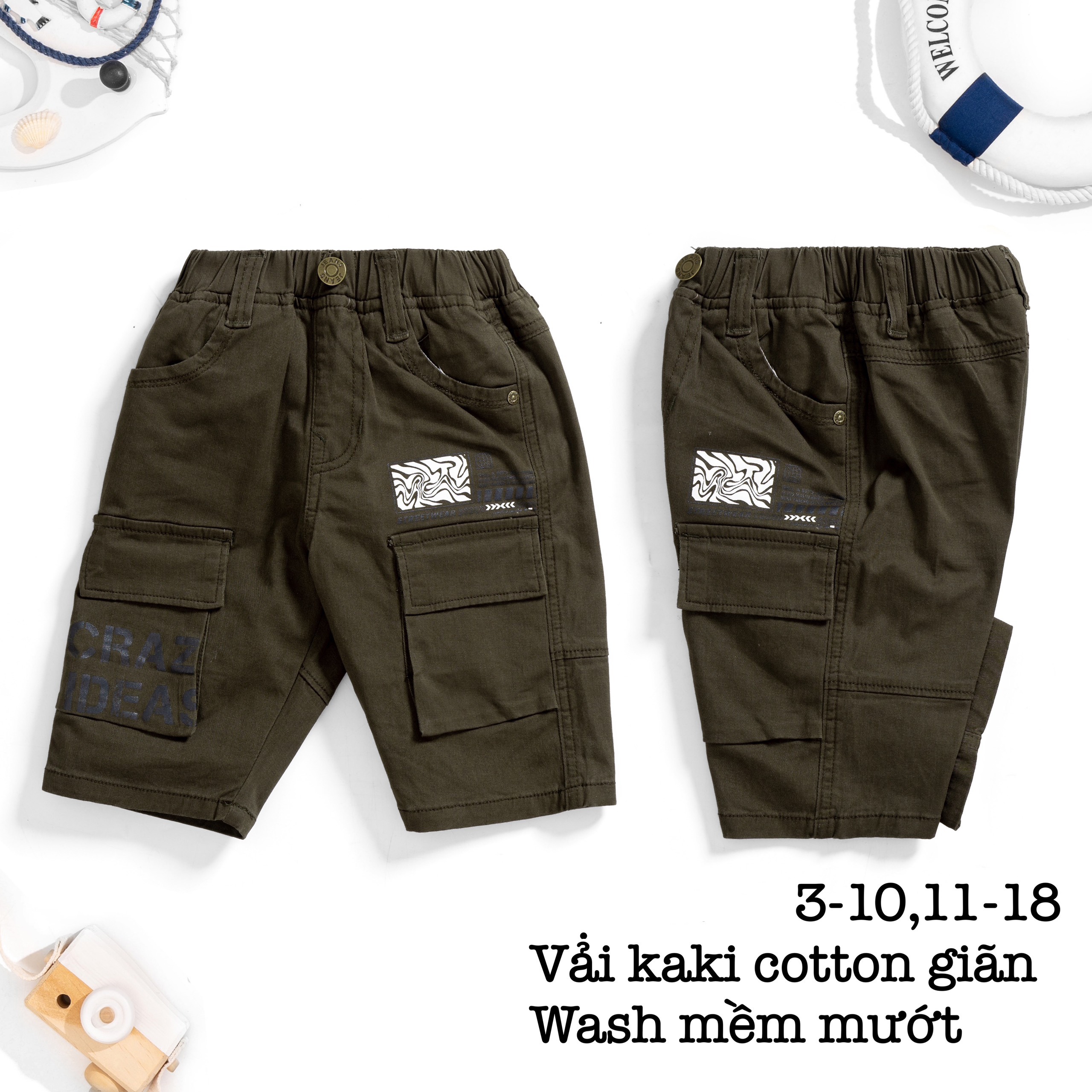 Quần Kaki bé trai size đại 5-12 tuổi túi hộp in chữ CRAZ, Quần ngố cho bé vải mềm kiểu dáng khỏe khắn thời trang