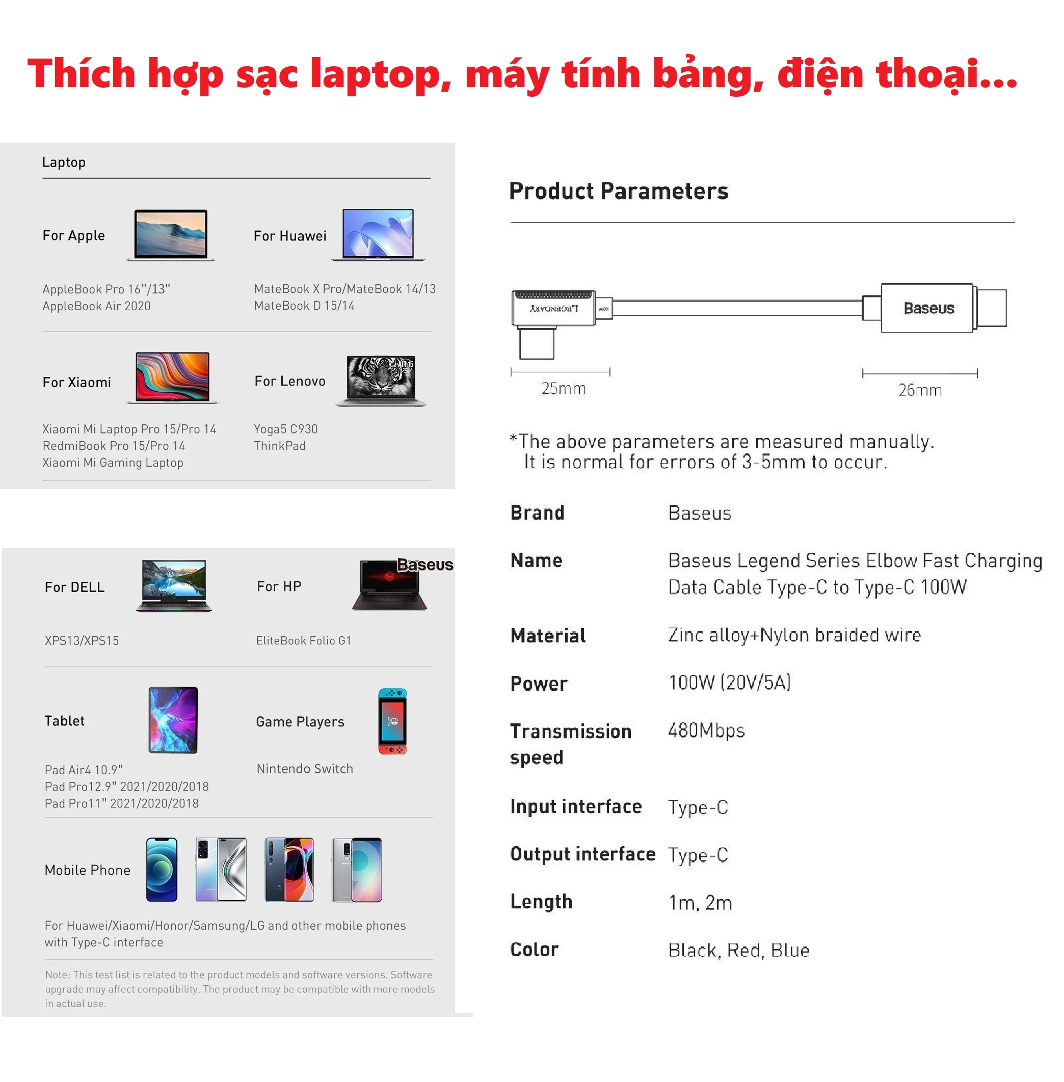 [C to C] Dây sạc nhanh 2 đầu type C 100W đầu chữ L chống gãy cho laptop máy tính bảng đt Baseus Legendary _ Hàng chính hãng