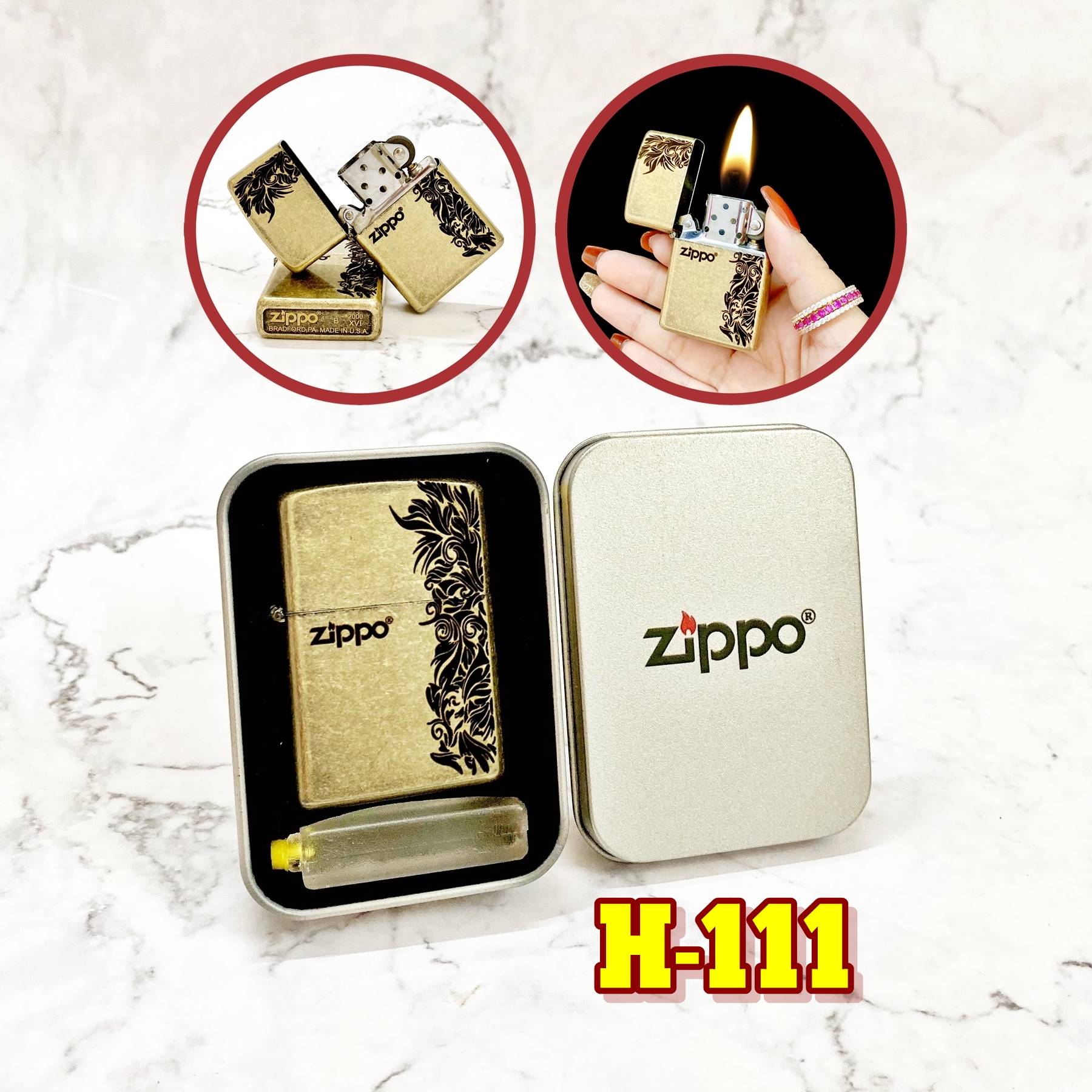 Hộp quẹt bật lửa Zipo vàng cổ hình hoa văn (có mộc đáy) - (hộp thiếc kèm xăng) H-111