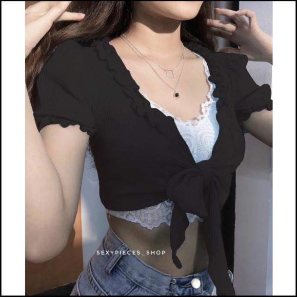 Áo Croptop Nơ Ngực GenY - Áo Croptop Kiểu Cột Thắt Nơ Trươc Ngực Siêu Xinh, Chất Vải Len Tăm Mềm Mịn