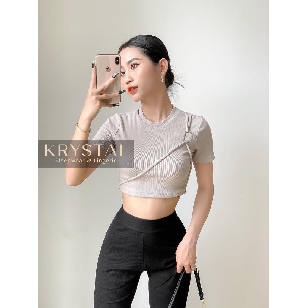 Áo croptop nữ thun tay ngắn có dây chéo ngực ôm body KRYSTAL NK55