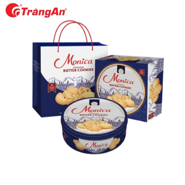 Bánh quy bơ sữa hỗn hợp Monica 380g, hộp thiếc, thương hiệu Tràng An, hạn sử dụng 18 tháng, tặng kèm túi giấy to hơn