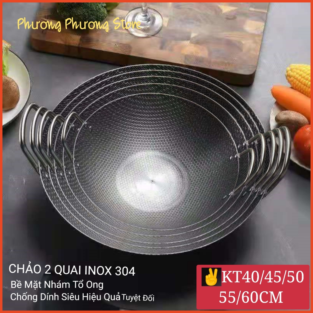 CHẢO 2 QUAI INOX 304 CAO CẤP HÀNG DẦY BỀ MẶT NHÁM TỔ ONG CHỐNG DÍNH TUYỆT ĐỐI