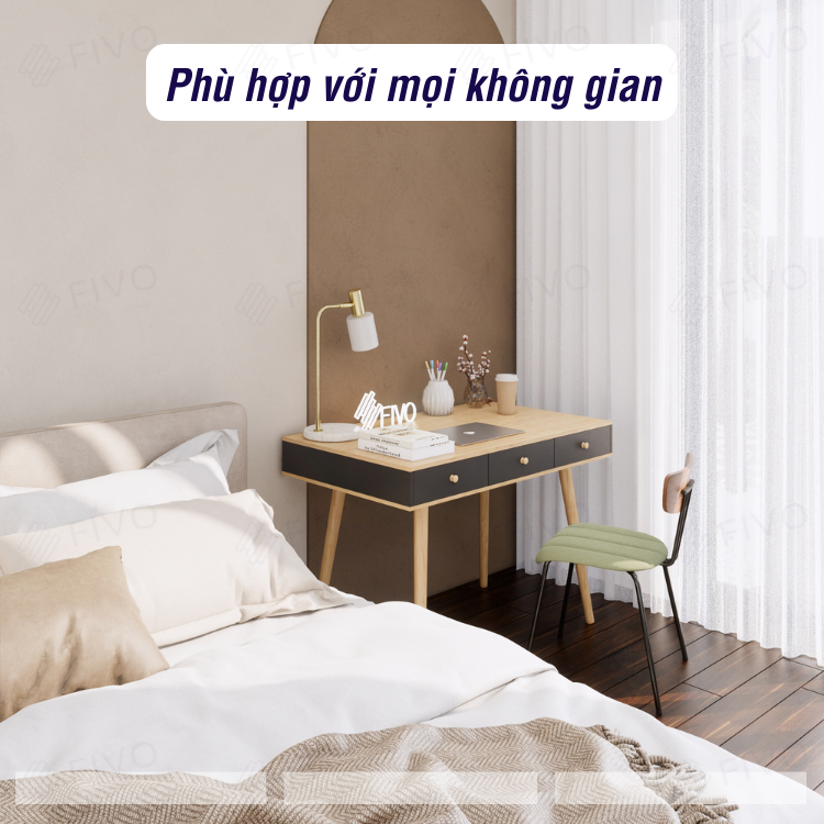 Bàn Làm Việc Gỗ FD02 FIVO Có Hộc Tủ, Dễ Dàng Lắp Ráp, Ngăn Kéo Rộng Rãi Đựng Đồ Kết Hợp Chân Gỗ Chắc Chắn (Mặt hộc đen)