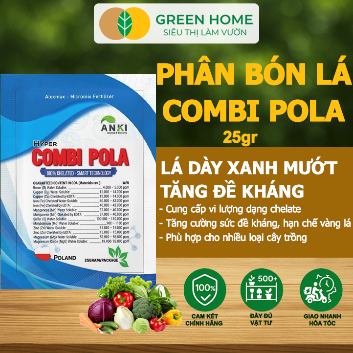 Phân Bón Lá Trung Vi Lượng Hyper Combi - Pola GreenHome, Gói 25Gr, Dạng Cốm Cao Cấp, Tăng Năng Suất