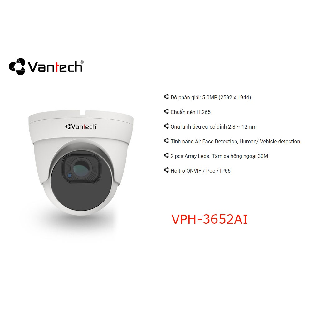 Camera Dome IP Vantech VPH-3652AI 5.0 Megapixel Ống Kính 2.7 -13.5mm Hồng Ngoại 30m Tích Hợp AI - HÀNG CHÍNH HÃNG