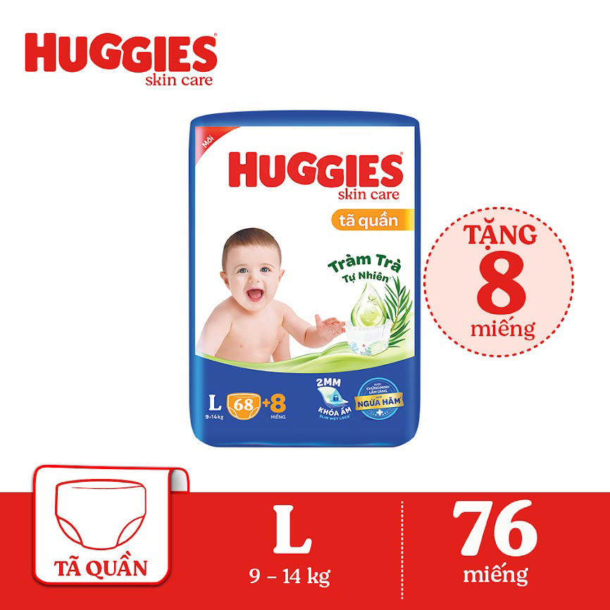 Tã/bỉm quần HUGGIES SKINCARE gói SUPER JUMBO size L 68+8 miếng