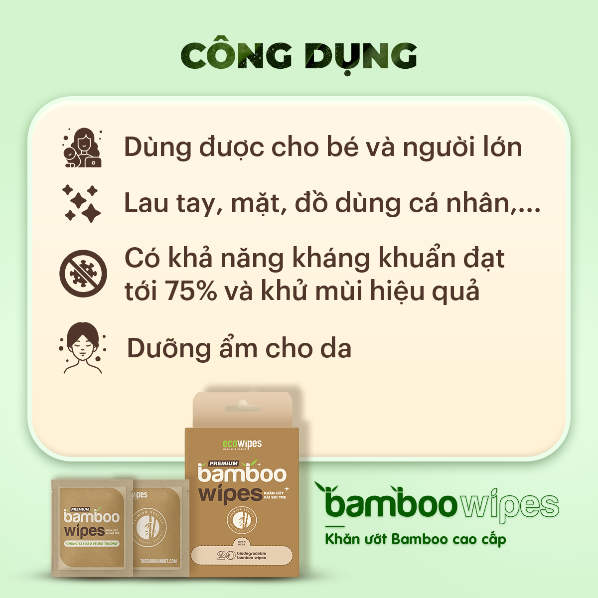 Combo 5 gói khăn giấy ướt cao cấp EcoBamboo Travel size Premium gói 1 tờ vải tre sinh thái không mùi có thể phân hủy