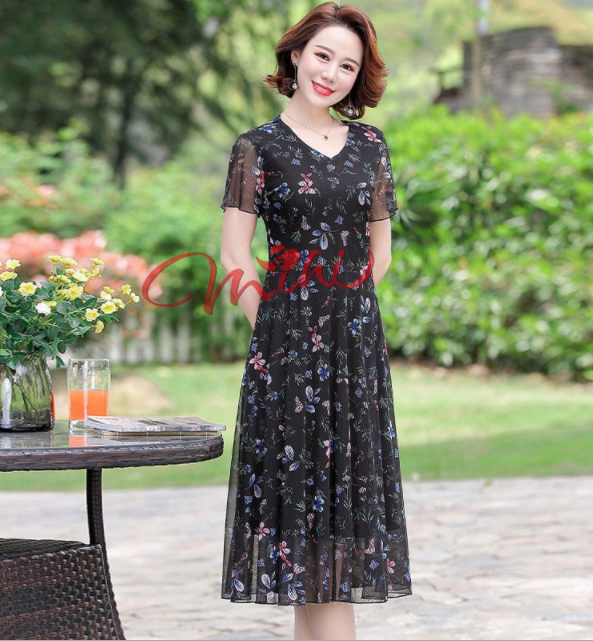 Váy đầm trung niên nữ cho mẹ Voan 2 lớp V74 - Áo đầm dáng dài cho bà, cho người lớn tuổi trung tuổi thời trang mùa hè đẹp cao cấp sang trọng dự tiệc dạ hội U40 U50 U60 U70 giá rẻ Bigsize cho người mập size lớn
