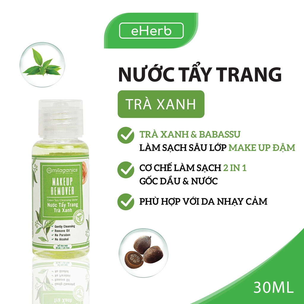 Nước Tẩy Trang Mắt Môi Trà Xanh &amp; Dầu Babasu Làm Sạch, Dưỡng Ẩm Không Chứa Cồn Cho Da Dầu Mụn MILAGANICS 30ml - 200ml (Chai)