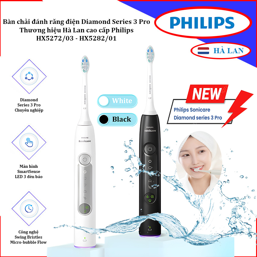 Bàn chải đánh răng điện Diamond Series 3 Pro. Thương hiệu Hà Lan cao cấp Philips HX5272 và HX5282. HÀNG CHÍNH HÃNG