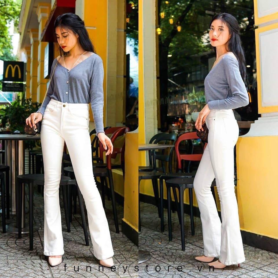 Quần jeans nữ ống loe dài màu trắng