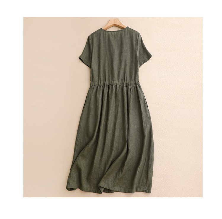 Đầm linen dáng suông  cổ V cách điệu có kèm dây rút eo tôn dáng thời trang trẻ trung màu Xanh Rêu Da218