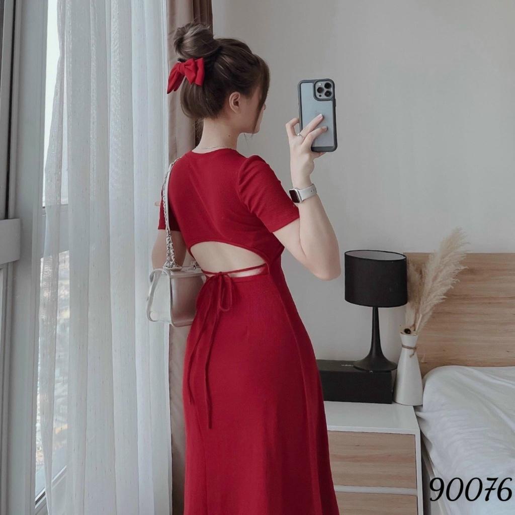 Đầm váy nữ dự tiệc bo tăm tay ngắn lưng hở màu đỏ đen dịp lễ tết sang trọng